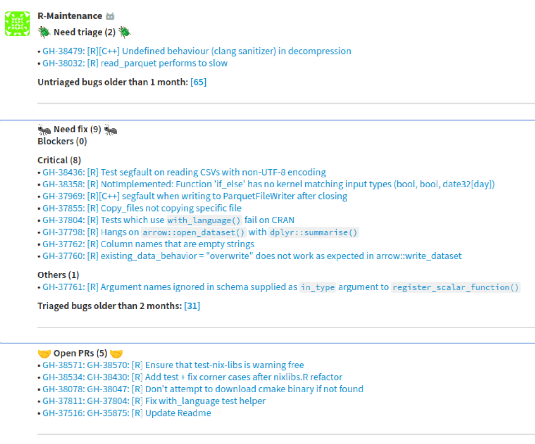 Screenshot showing the output that the maintenance bot produces